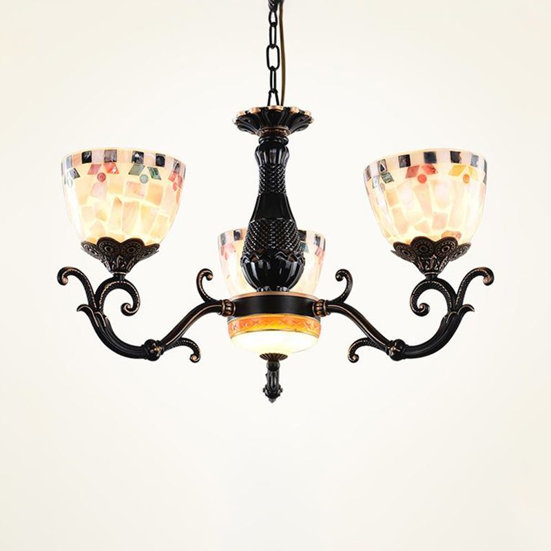 Stained Glass Mosaic Chandelier Lamp Tiffany 3/5/9 Lights Black Suspension Lighting Fixture for Living Room