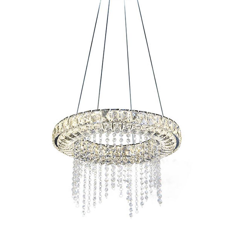 Minimalist Hoop Chandelier Pendant Clear Crystal LED Suspension Light with Fringe