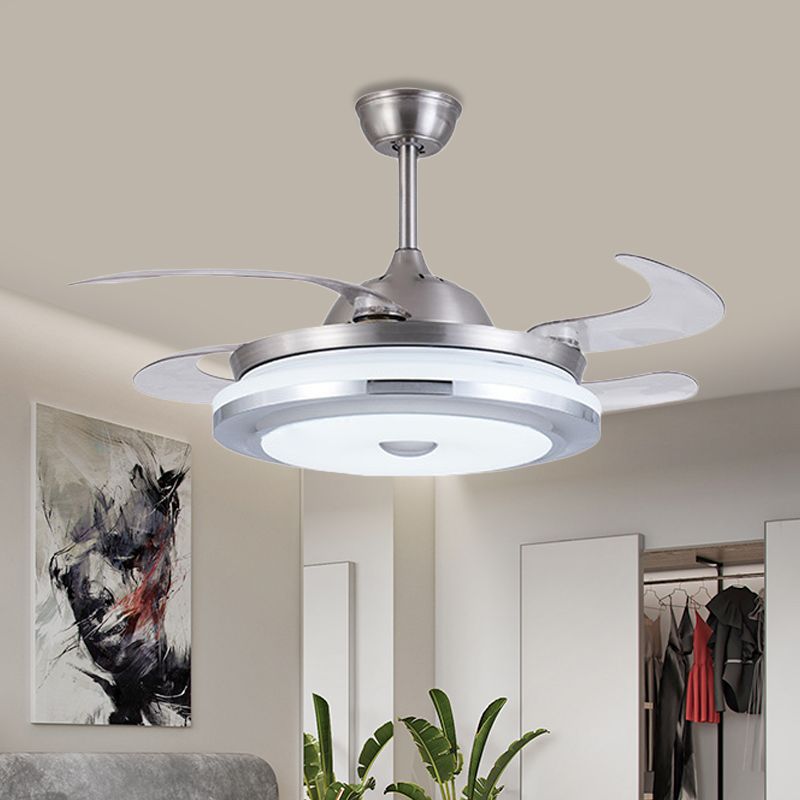 Metal Round Fan Light Modern 36" W LED Living Room Semi Flush Mount Lighting in Silver with 4 Blades, Remote/Wall Control/Remote and Wall Control