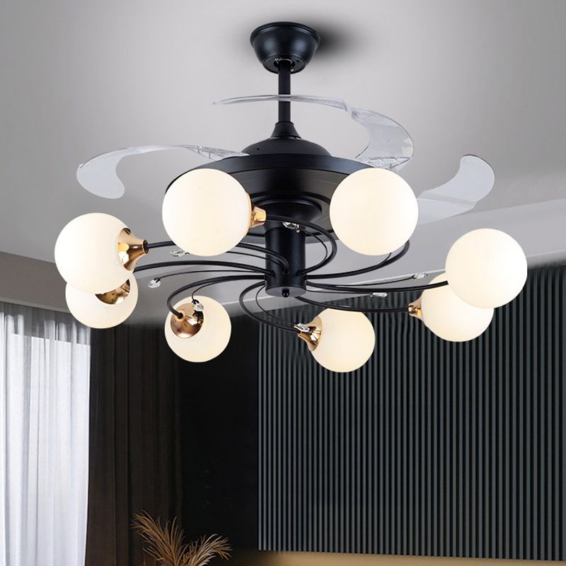 Global Semi Flush Minimalist White Glass 8 Lights Living Room Hanging Fan Light Fixture in Black, 42" Wide