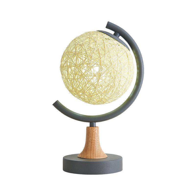 Metallic Globe Nightstand Light Asia Style 1 Light Table Lamp in White/Grey/Green with Rattan Shade