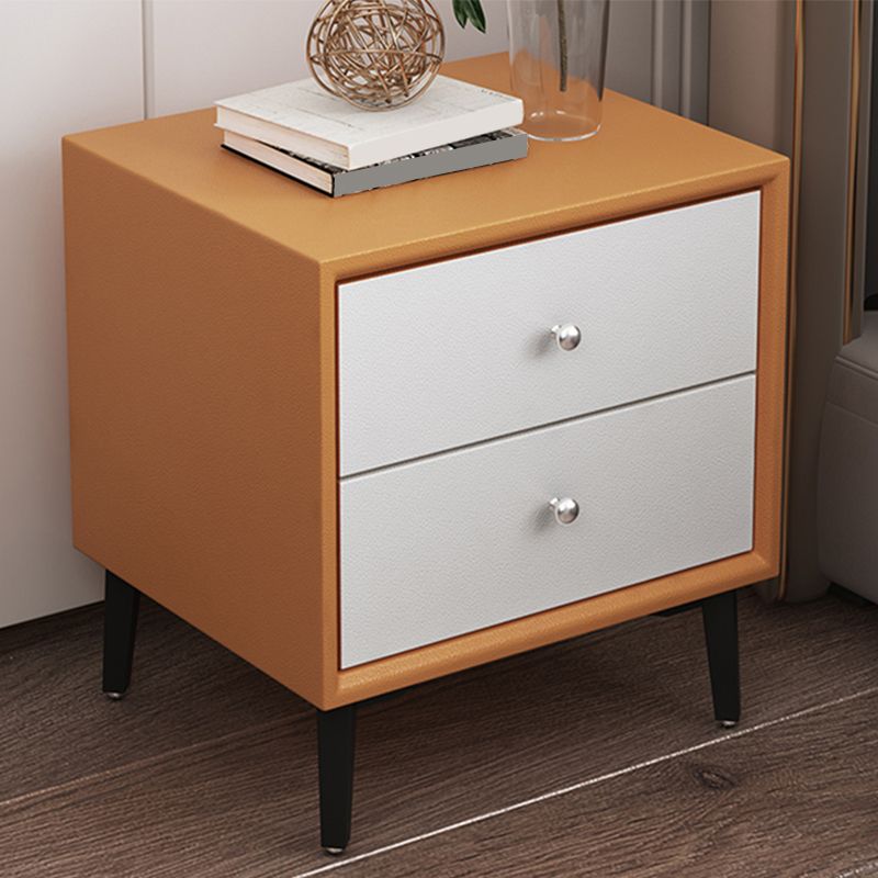 Modern Faux Leather Nightstand 2-Drawer Storage Solid Wood 19 Inch H Night Table