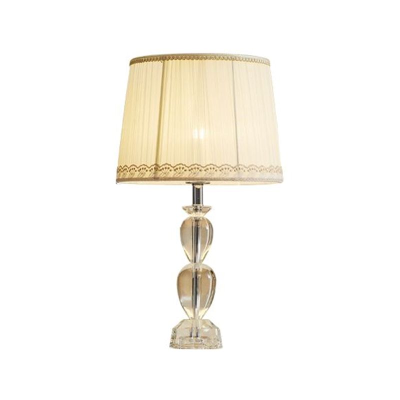 Beige Barrel Table Light Traditional Pleated Fabric 1-Bulb Drawing Room Crystal Nightstand Lamp