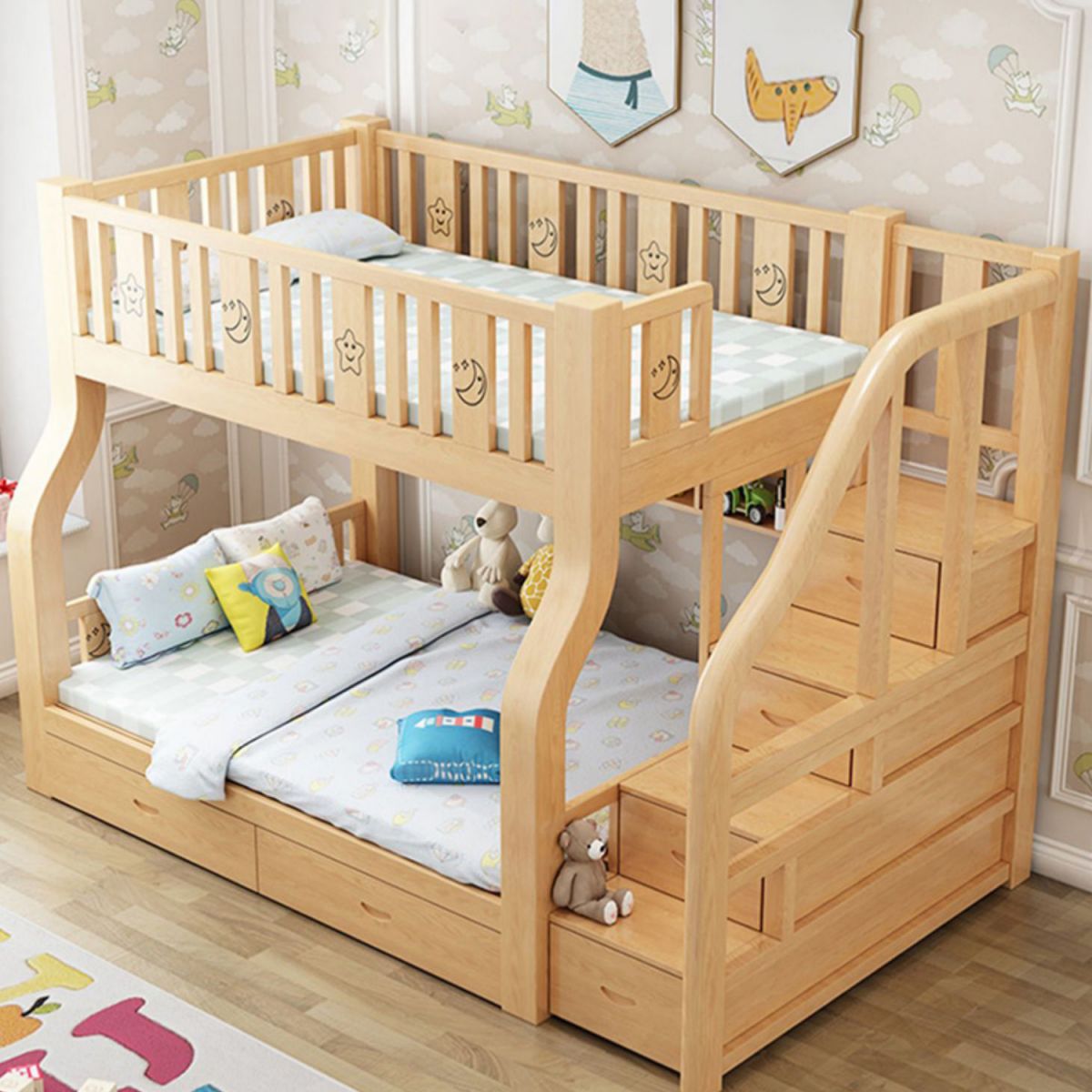 Gender Neutral Kids Bed No Theme Natural Solid Wood Bunk Bed with Mattress