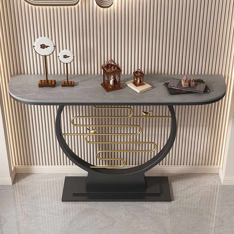 Black Pedestal Base Console Table with Half Moon Stone Top Accent Table