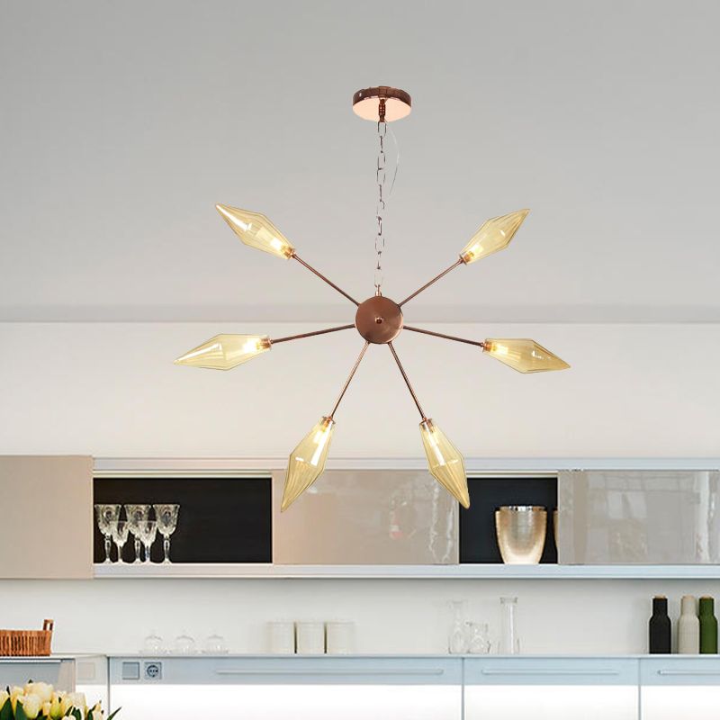 6/9/12 Lights Chandelier Lamp Industrial Sputnik Amber/Clear Glass Ceiling Light Fixture in Black/Copper/Chrome