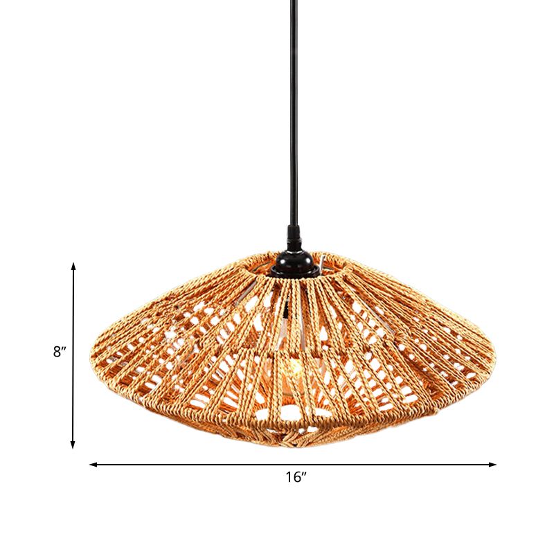 Asian Style Flying Saucer Hanging Light Fixture Rattan 1 Light Restaurant Pendant Lamp in Beige