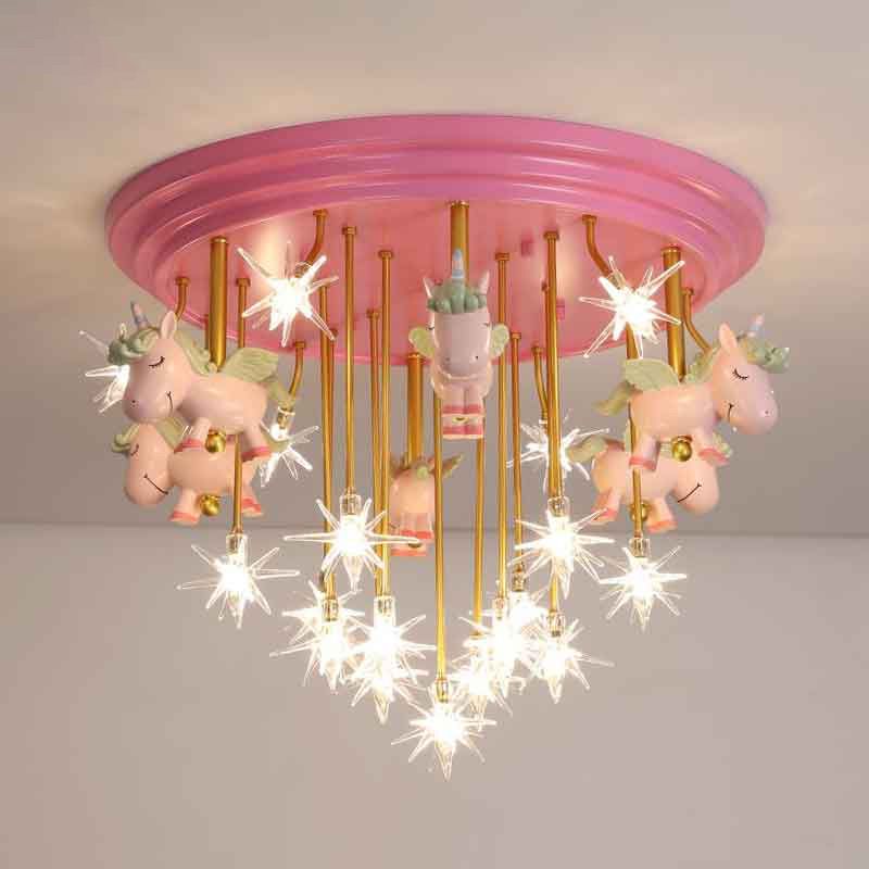 Flying Unicorn Kindergarten Semi Flush Mount Resin Kids LED Affermazione Montata Montata