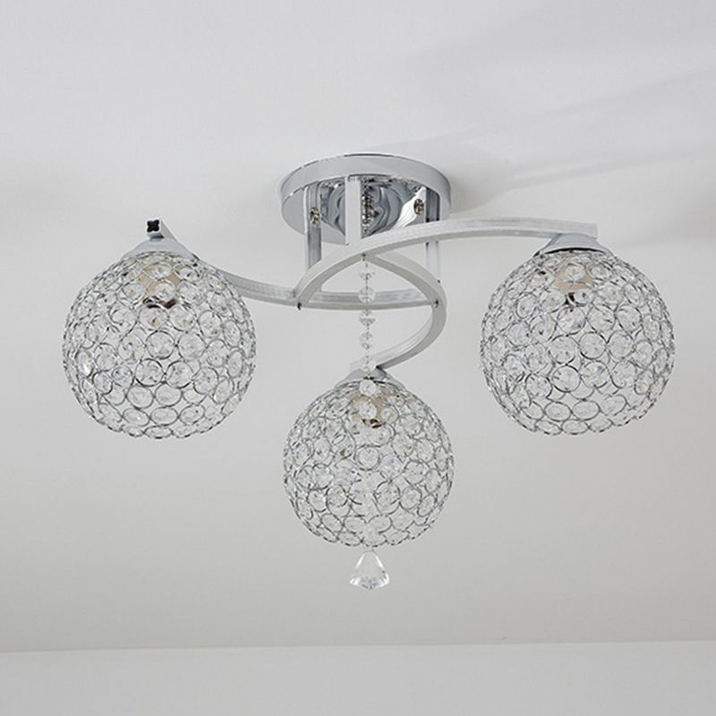 3/5 Lights Globe Semi Flush Light Fixture Simple Chrome Crystal Semi-Flush Mount for Living Room