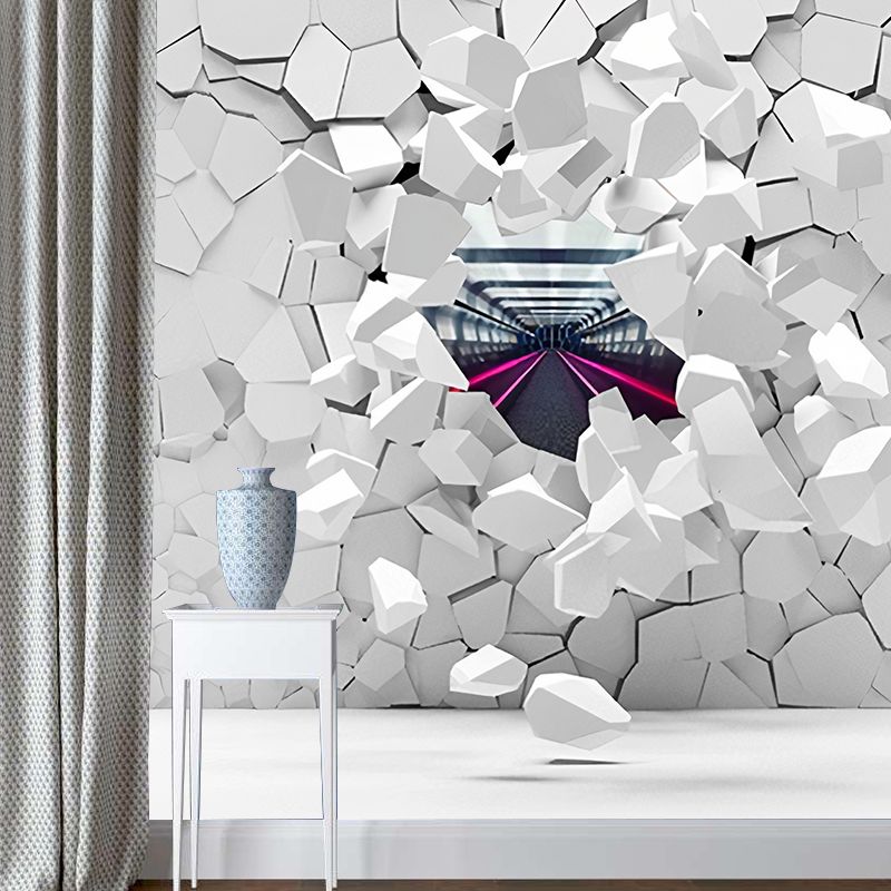 3D Distressed Brick Wall Mural Wallpaper in Plain White, Contemporary Wall Covering for Living Room