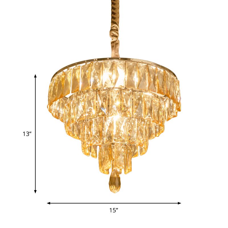 Modern Style Tapered Suspension Lamp Clear Rectangle-Cut Crystal 4 Heads Nickel Chandelier Lighting