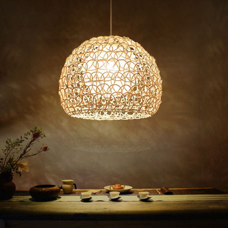 Double Rattan Shade Dome Hanging Light Asian Style Hand Weaving 1-Light Pendant with 39.3" Adjustable Wire