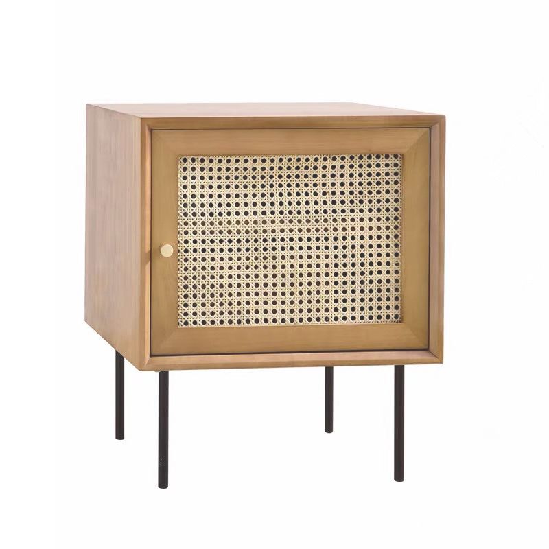 15.75" Tall Rattan Bedside Cabinet Solid Wood Nightstand with 1 Door