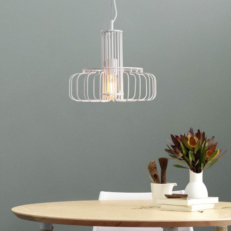 White Cage Ceiling Hanging Lantern Loft Style Metal 1 Head Dining Room Suspension Light