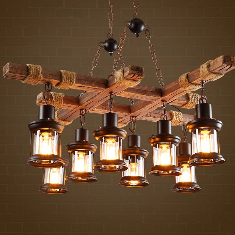 8 Lights Chandelier Nautical Pub Suspension Lighting with Lantern Clear Glass Shade in Wood