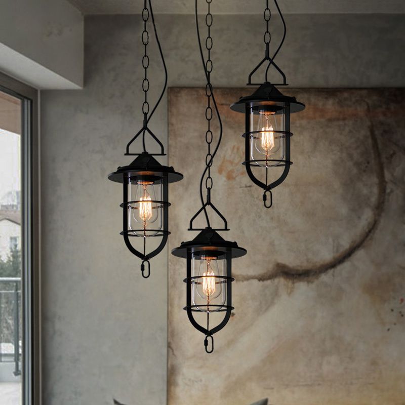 Geklaagd Clear Glass Multi Pendant Vintage 3-Light woonkamer Hangende lamp in het zwart met ronde luifel