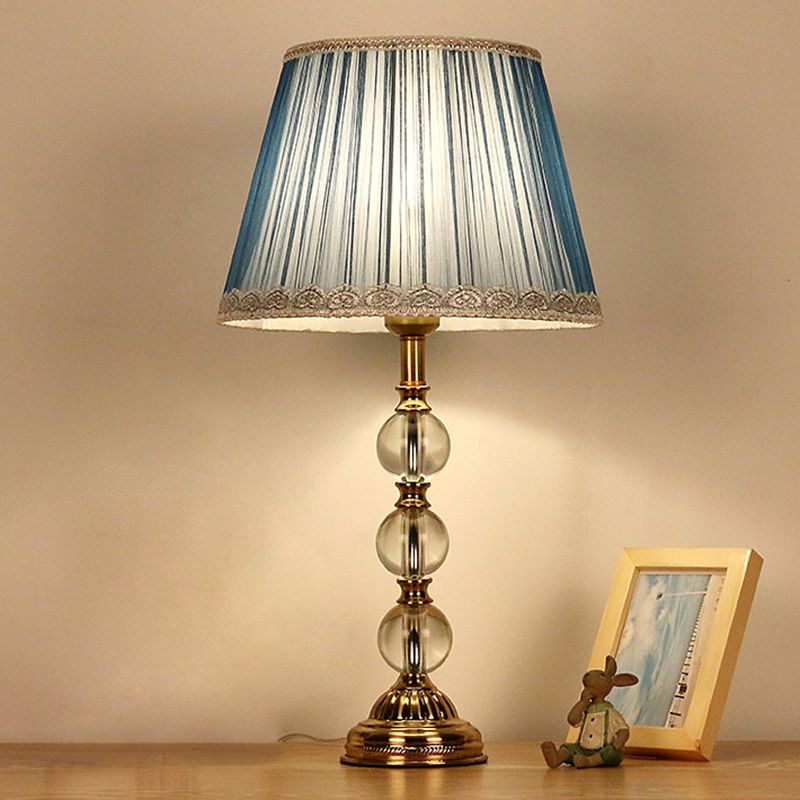 Classic Pleated Shade Night Table Light 1 Light Fabric Nightstand Lamp in Blue for Bedroom with Crystal Deco