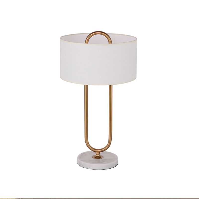 White Drum Night Table Light Minimalist 1 Bulb Fabric Nightstand Lamp with Brass Oval Stand