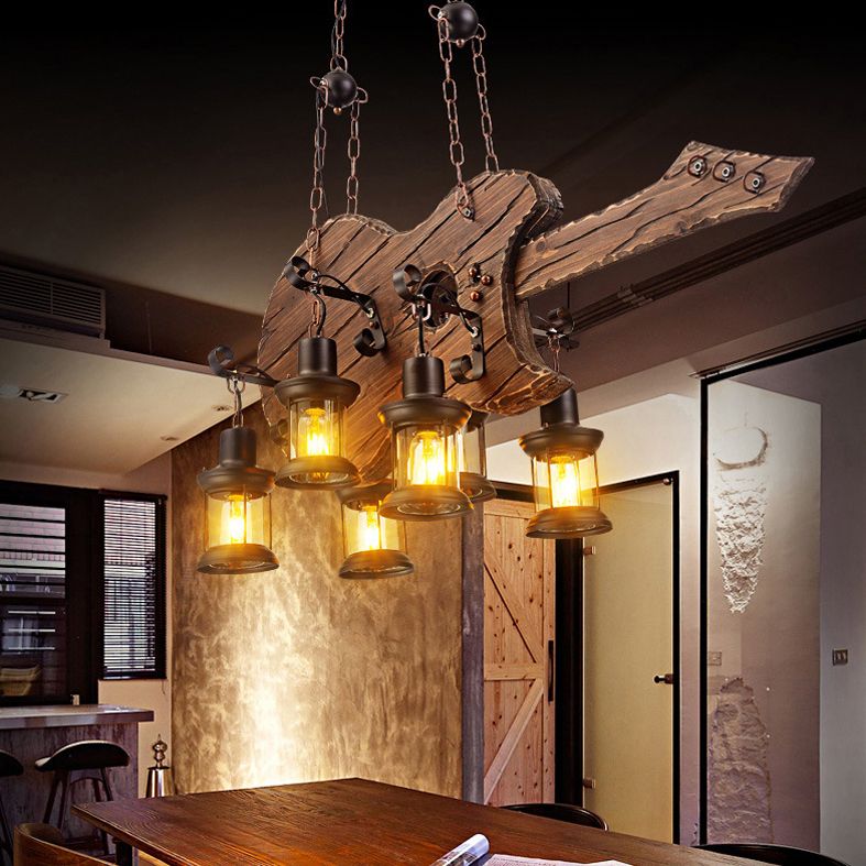 Industrial Wood Hanging Chandelier 6-Light Ceiling Hanging Light Fixture for Bar