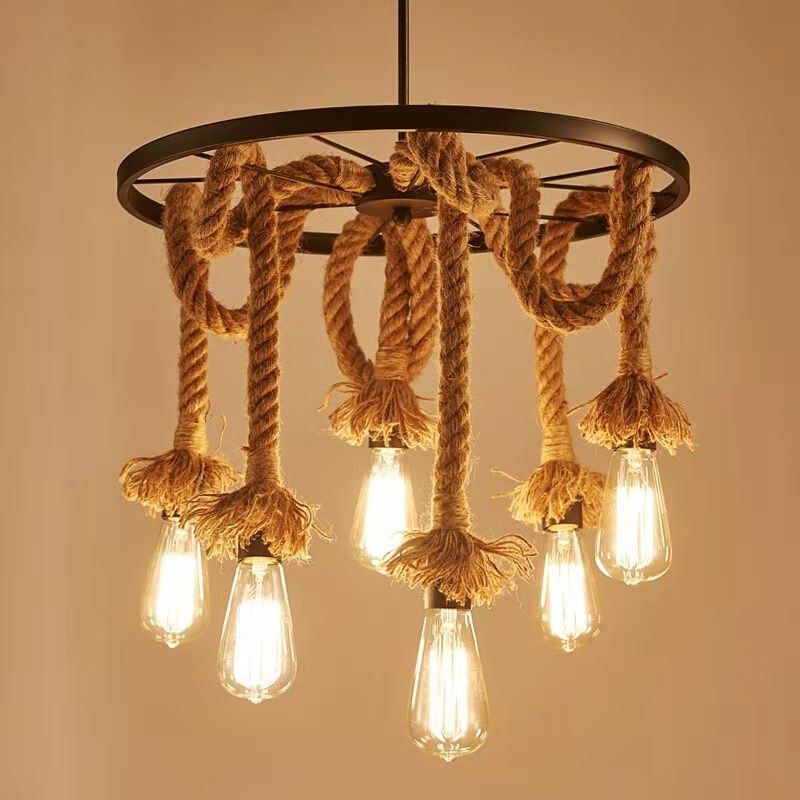 Industrial Style Hemp Rope Chandelier Creative Retro Bare Bulb Lighting Fixture for Coffee Shop