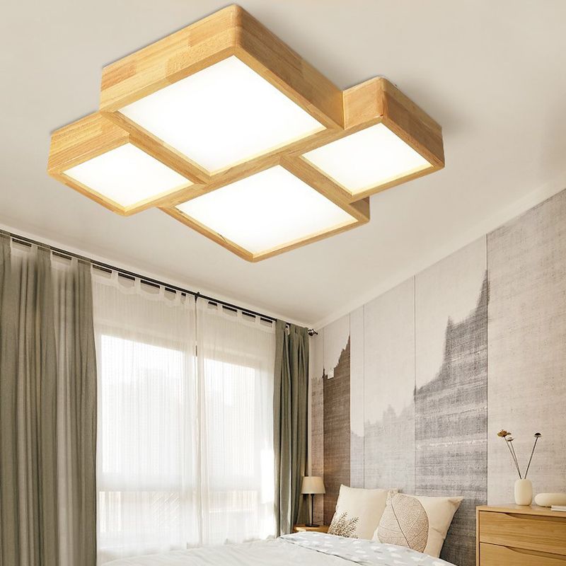 Modern Style Square Shape Flush Mount 4-Lights Wood Ceiling Light for Bedroom