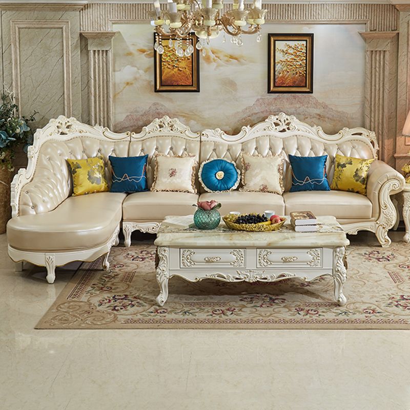 Rustic Champagne Leather Sectional Flared Arm Sectional with Pillows