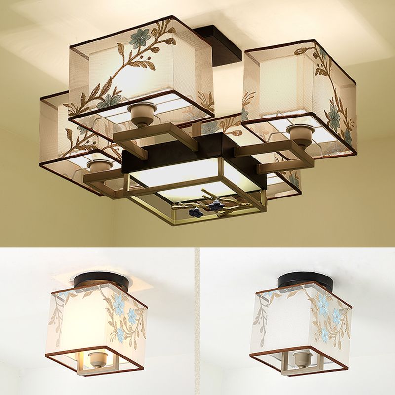 Multi-head Light Fixtures Asia Style Fabric Flush Light for Living Room