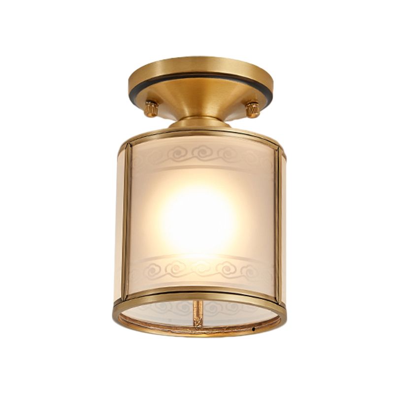 Colonial Cylinder Ceiling Light Fixture 1 Bulb White Glass Flush Mount Lighting in Brass