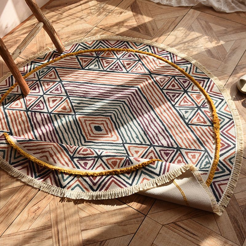 Creative Graphic Design Rug Aesthetic Round Carpet with Fringe Cotton Blend Rug for Home Decor