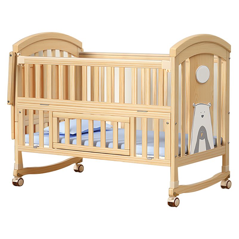 Modern Baby Crib with Guardrail with Casters/Wheels Washed Natural Nursery Bed