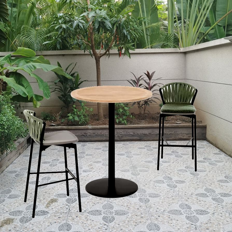 Industrial Round Bar Table Set 1/3 Pcs Teak Wood Bar Height Set