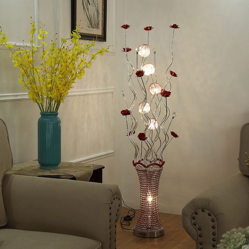 LED Vine Standing Floor Light Decorative Pleated Vase Aluminum Floor Reading Lamp in Red