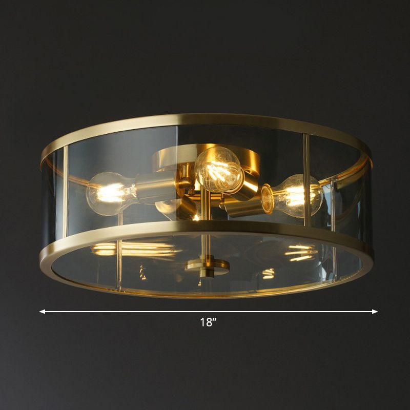 4-Bulb Drum Flush Ceiling Light Simplicity Brass Clear Glass Flush Mount Light for Bedroom