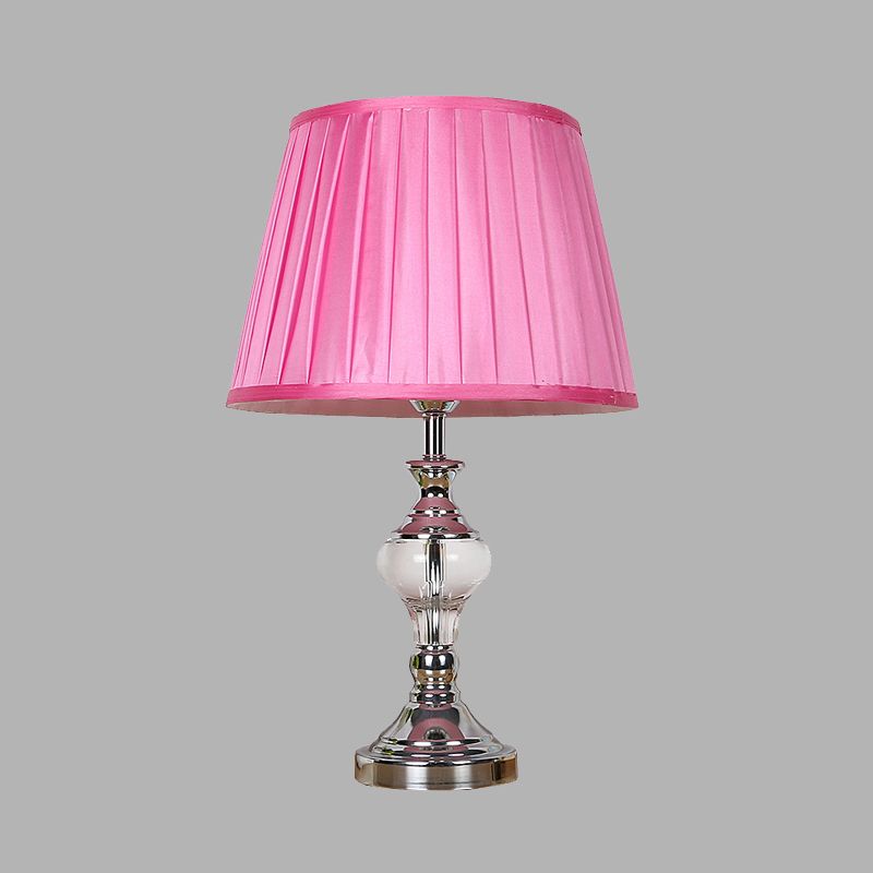 Single Bulb Fabric Night Lamp Rural Rose Red Barrel Shade Bedroom Nightstand Light with Crystal Accent