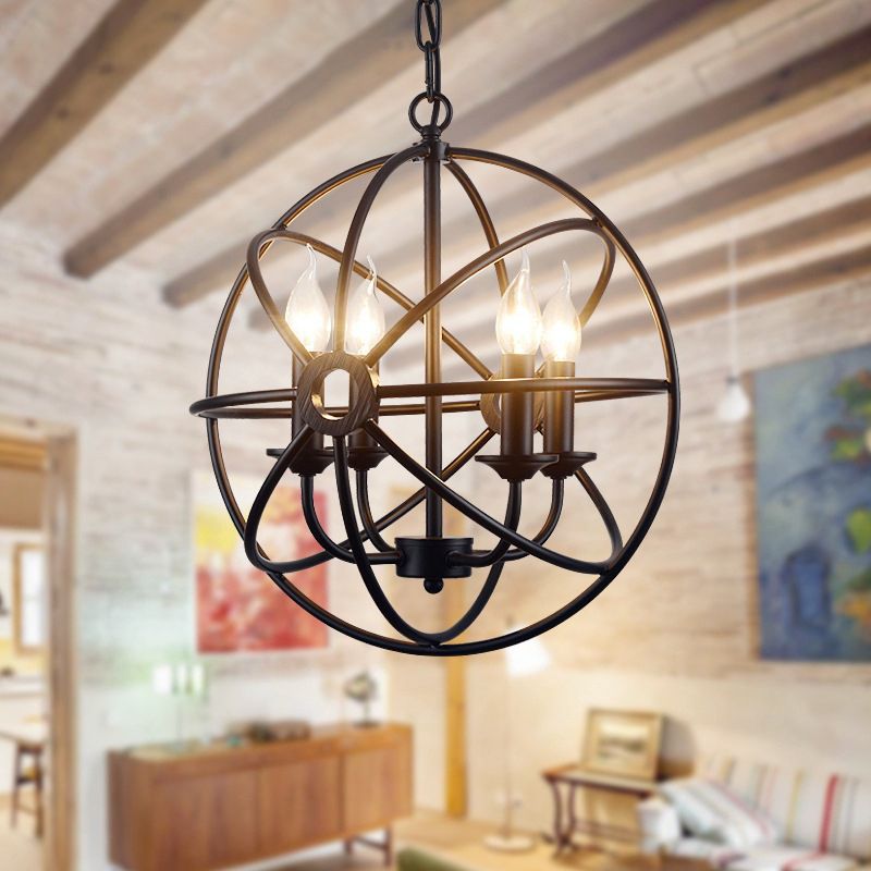 Black Globe Pendant Light in Industrial Classic Style Wrought Iron Ceiling Light for Commercial Place