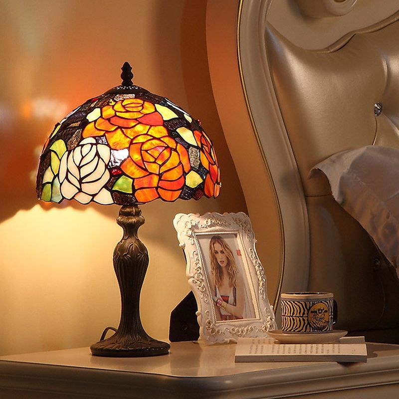 Stained Art Glass Blossom Table Lamp Tiffany 1-Light Dark Brown Night Stand Light