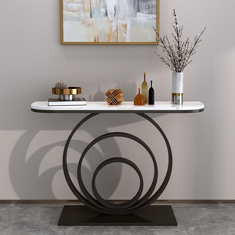 Marble Half Moon Console Table with Iron Pedestal Base Accent Table