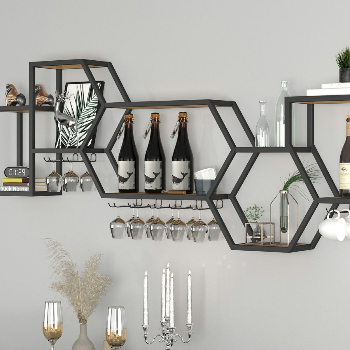 Wall Mounted Wine Rack Modern Metal Wine Bottle & Glass Rack for Dining Room