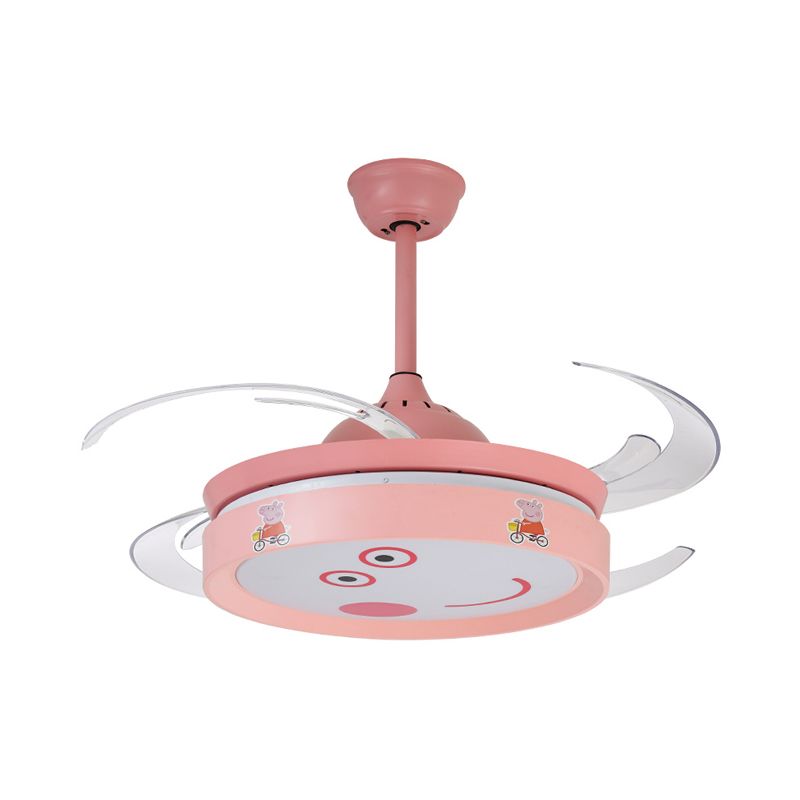 Pink Round 4 Blades Semi Flush Mount Light Kids LED Metallic Hanging Fan Lamp armatuur met cartoonvarkenpatroon, 47 "W