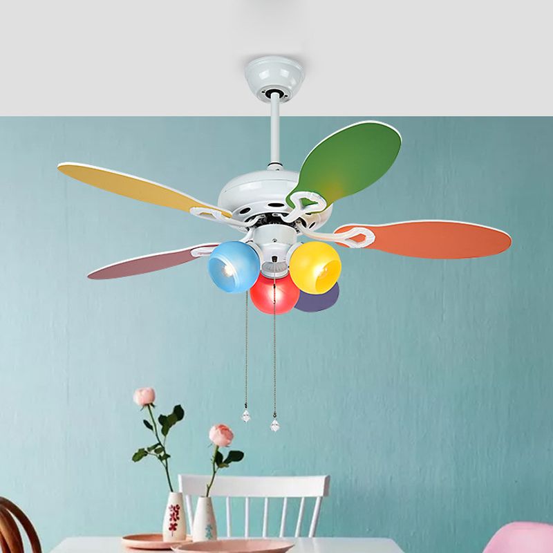 Globe Ceiling Fan Lighting Kids Style Blue-Red-Yellow Glass 3 Lights 42" W White Semi Flush Mount Lamp with 5 Multi-Color Blades