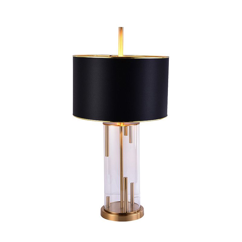 Traditional Drum Shape Night Light 1 Bulb Fabric Night Table Lamp in Black with Cylinder Clear Glass Base