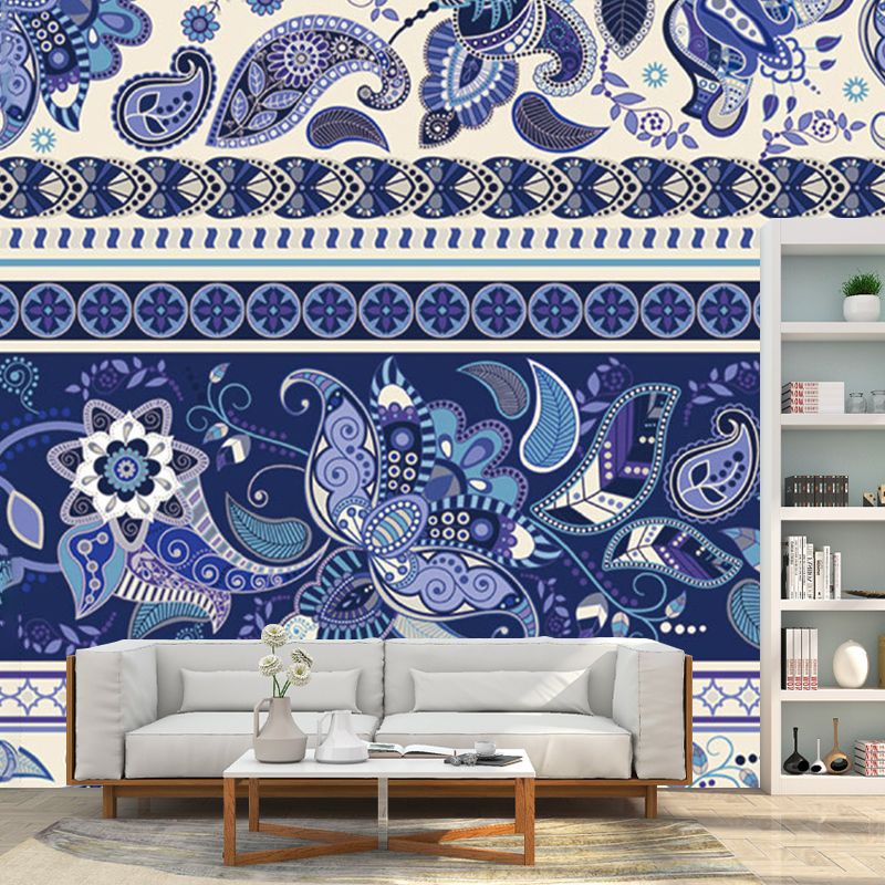 Bohemia Floral Wallpaper Murals for Living Room Custom Size Wall Art in Blue-Purple