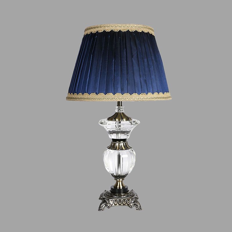 Barrel Bedroom Crystal Night Table Lamp Lodge Fabric 1 Light Blue Nightstand Light with Braided Trim