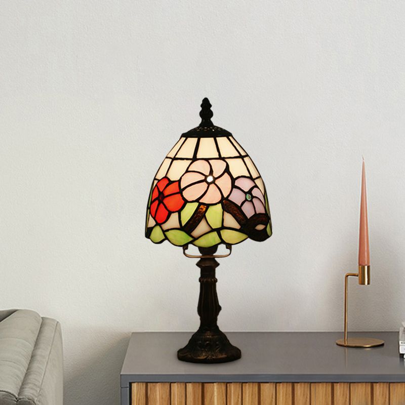 Dome Shape Nightstand Lighting 1-Light Stained Glass Baroque Style Blossom Patterned Table Lamp in Red/Pink/Orange