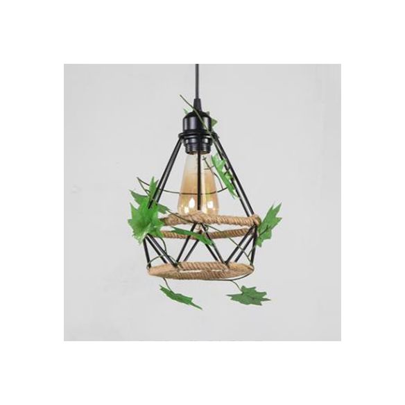 BEIGE 1 Light Hanging Lampy Style Country Metal and Rope Globe / Barrel Cage Pendant Lighting For Coffee Shop