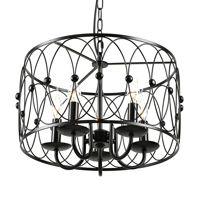 Black Finish Drum Hanging Light with Cage Shade Vintage Style Metal 6 Heads Dining Room Chandelier Lamp