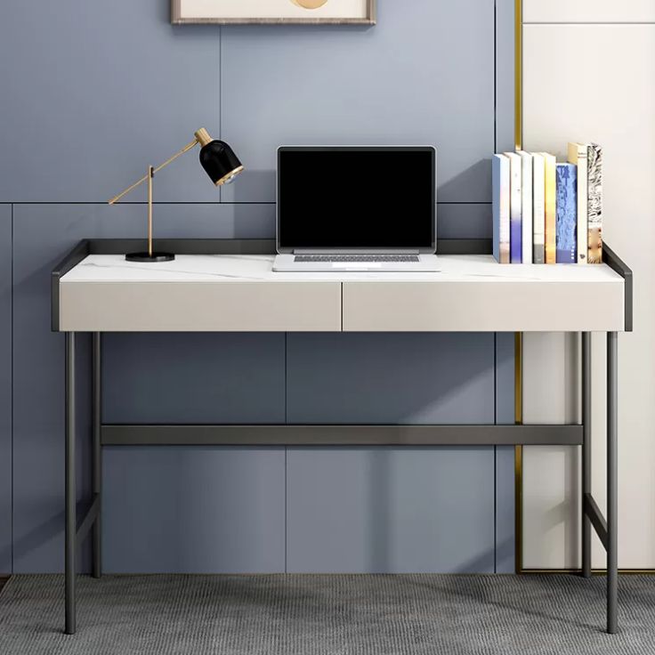 Modern Stone Rectangular Writing Desk 2-Drawers White Office Desk with H-Base