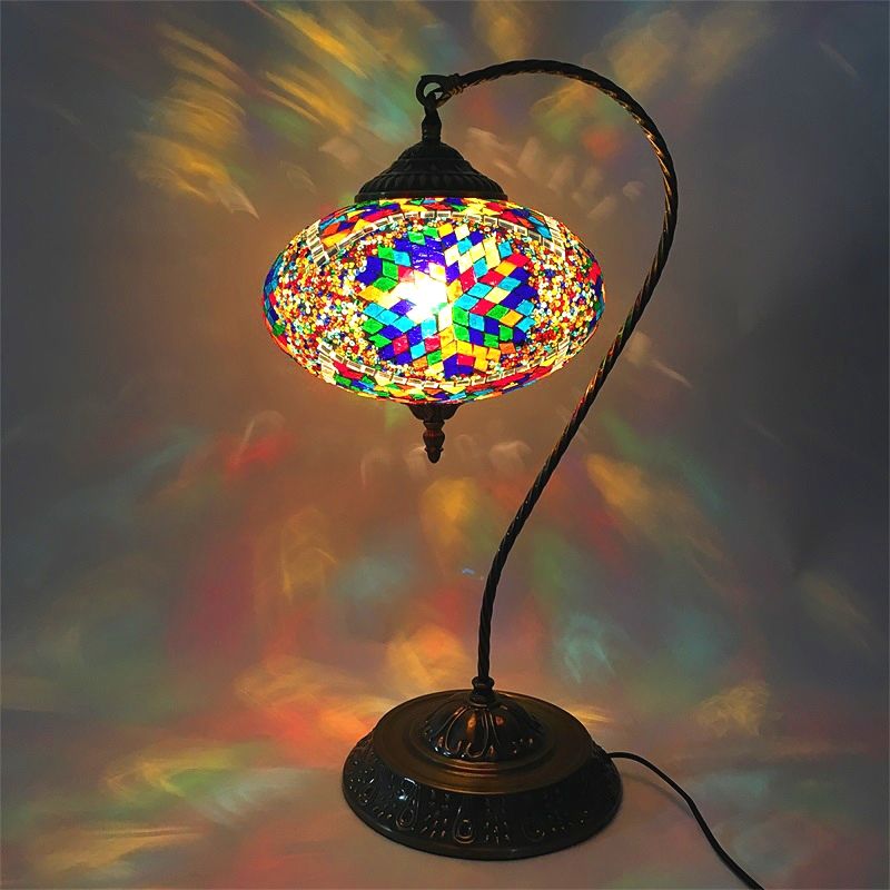 Decorative Oblong Night Light Single Head Stained Art Glass Table Lamp with Curved Arm in Yellow/Blue/Green