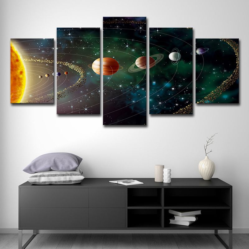 Solar System Wall Art Print Fictional Enchanting Universe Canvas in Green for Bedroom