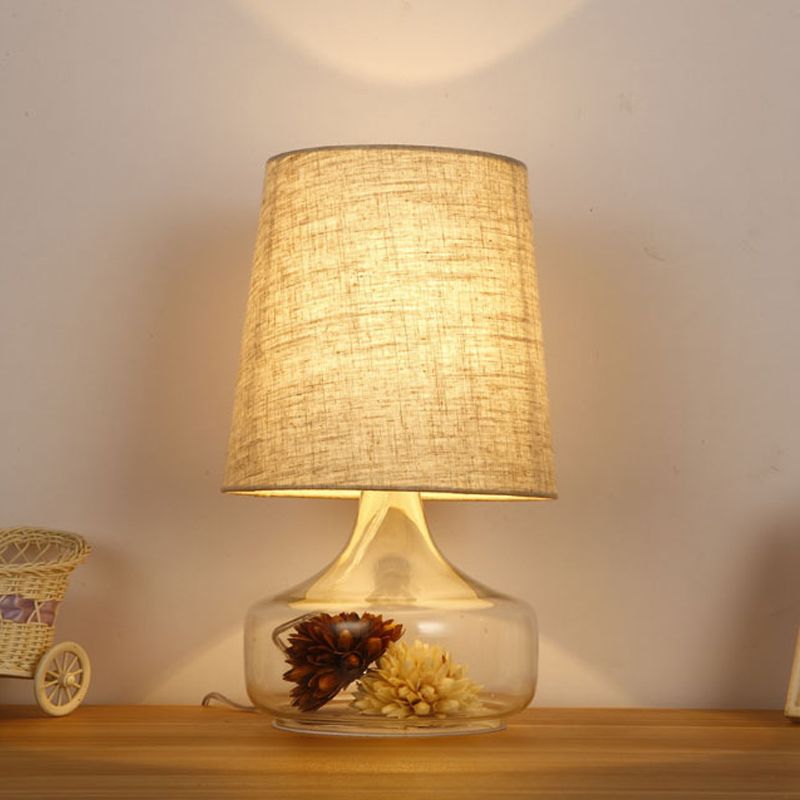 1-Head Fabric Desk Lighting Pastoral Cream Gray Tapered Bedroom Night Light with Clear Glass Base and Flower